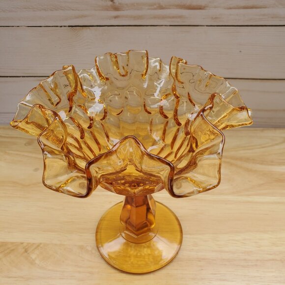 Vintage Fenton Amber Thumbprint Glass Compote Dish With Ruffled Edges 1960s MCM - Picture 5 of 8
